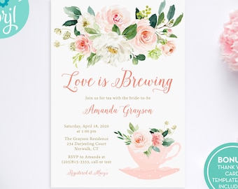 Bridal Shower Tea Party Invitation Editable Template / Love is Brewing Invite / Wedding Shower Invitation / Bridal Tea Invitation / LR2034T