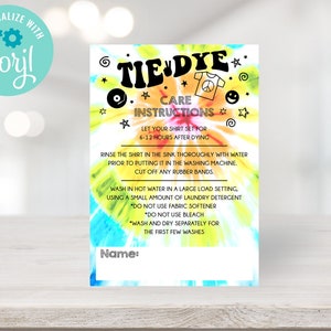 Rainbow Tie Dye Party Wash Instruction Card Template / Tie Dye T-Shirt Wash Instruction / Tie Dye Party Favor Care Instructions / LR2084