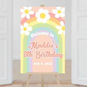 Daisy Rainbow Birthday Party Sign Poster Template / Groovy Pastel Rainbow Birthday Party Welcome Sign / Daisy Birthday Party / LR2107