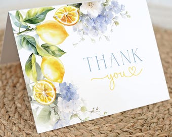 Lemon Floral Thank You Cards, Light Blue Hydrangea Wedding Bridal Shower Stationery