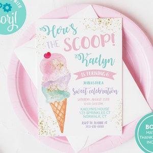 May include: A pink and blue ice cream cone birthday party invitation with gold glitter. The invitation says "Here's the Scoop! Kaelyn is turning 6. Join us for a sweet celebration Saturday, August 25th 12:00-3:00 PM Kaelyn's House 123 Sprinkles CT Norwalk, CT RSVP to Joanne at 203-818-8888".