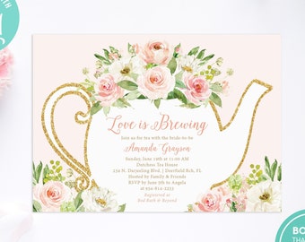 Blush Floral Bridal Shower Tea Party Invitation TEMPLATE / Love Is Brewing Bridal Shower Invite / Wedding Shower Tea Party / LR2034T