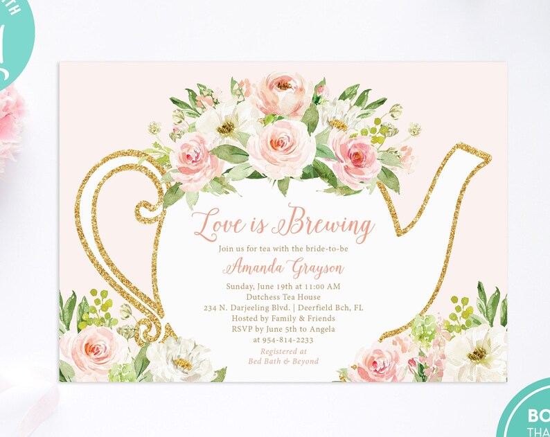 Blush Floral Bridal Shower Tea Party Invitation TEMPLATE Love Is Brewing Bridal Shower Invite Wedding Shower Tea Party