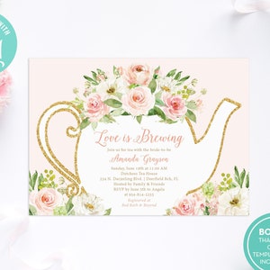 Blush Floral Bridal Shower Tea Party Invitation TEMPLATE / Love Is Brewing Bridal Shower Invite / Wedding Shower Tea Party / LR2034T