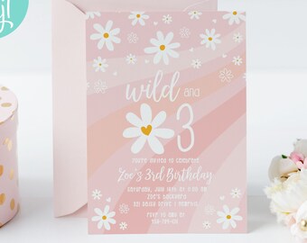 Daisy Wild and Three Birthday Invitation Template / Groovy Daisy 3rd Birthday / Girls Daisy Birthday / Wild and 3 Invite / LR2082