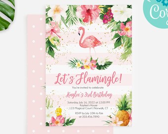 May include: Pink and white invitation with a flamingo and tropical flowers. The text reads "Let's Flamingle! You're invited to celebrate Kaylee's 3rd Birthday. Saturday, July 16, 2022 at 12:00 PM. Kaylee's House 123 Magical Court Norwalk, CT. RSVP by July 10th to Kim at 203.456.7890."