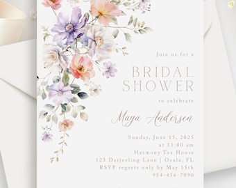 Blush and Lavender Wildflower Bridal Shower Invitations, Printed with Envelopes