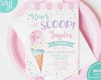 Ice Cream Party Invitation Template / Ice Cream and Sprinkles Birthday Party Invite / Here's the Scoop / Ice Cream Social Digital / LR2077