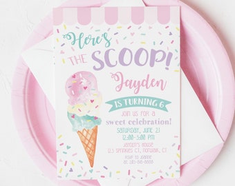 Ice Cream Party Invitations Printed or Digital / Ice Cream and Sprinkles Birthday Invitation / Here's the Scoop / Ice Cream Social / LR2077