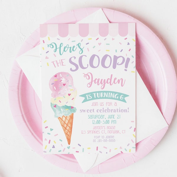 Ice Cream Party Invitations Printed or Digital / Ice Cream and Sprinkles Birthday Invitation / Here's the Scoop / Ice Cream Social / LR2077