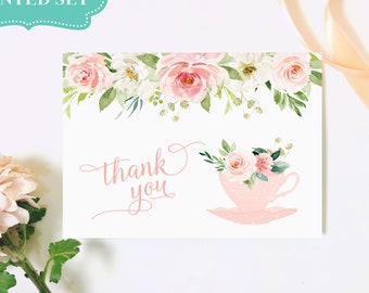 Blush Floral Tea Party Thank You Cards, Printed / Wedding / Bridal Shower / Baby Shower / Birthday Party / Printed Thank You Cards / LR2034T