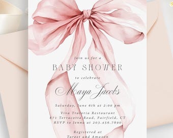 Pink Bow Baby Shower Invitations, Printed