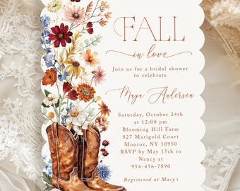 Fall Floral Cowboy Boot Country Bridal Shower Invitation with Scalloped Edge, Printed with Envelopes
