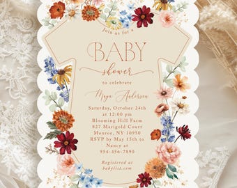 Fall Baby Shower Invitations with Scalloped Edge, Printed with Envelopes, Autumn Floral Baby Shower Invites