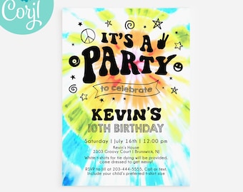 Rainbow Tie Dye Birthday Party Invitation, Editable Template / It's a Party Tie Dye Birthday Party / Unisex Tie Dye Party Invite / LR2084