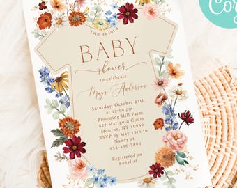 Invito digitale per baby shower a tema fiori autunnali