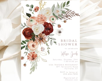Terracotta and Burgundy Floral Bridal Shower Invitations Printed with Envelopes