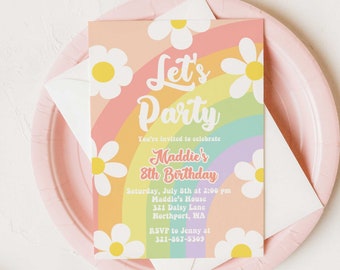 Daisy Birthday Party Invitation: Groovy Pastel Rainbow (Editable)
