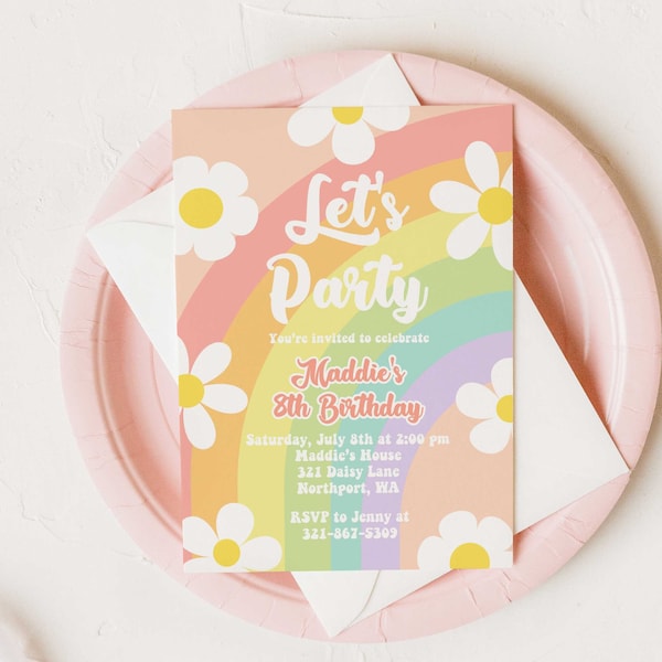 Faire-part de fête d'anniversaire arc-en-ciel pastel marguerite / Let's Party Groovy Daisy Bday Inviter / Anniversaire de tout âge / Invitation modifiable / LR2107