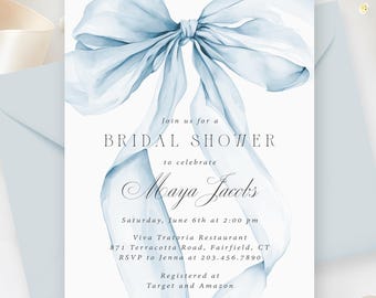 Dusty Blue Bow Bridal Shower Invitations, Printed