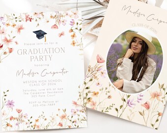 Blush Pink Wildflower Floral Graduation Party Invitation, Printed with Envelopes, 2026 Grad Invites