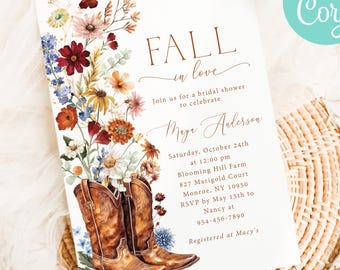 Invito per addio al nubilato con fiori selvatici autunnali e stivali da cowboy (modello digitale), invito per matrimonio autunnale (digitale)