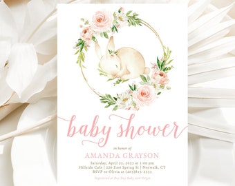 Boho Bunny Baby Shower Invitation, Blush Floral Wreath (Digital Template)