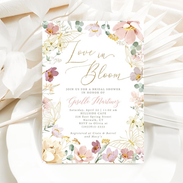 Love in Bloom Bridal Shower Invitation Template / Floral and Butterfly Wedding Shower Invite / Love is in Bloom / Digital Invite / LR2104