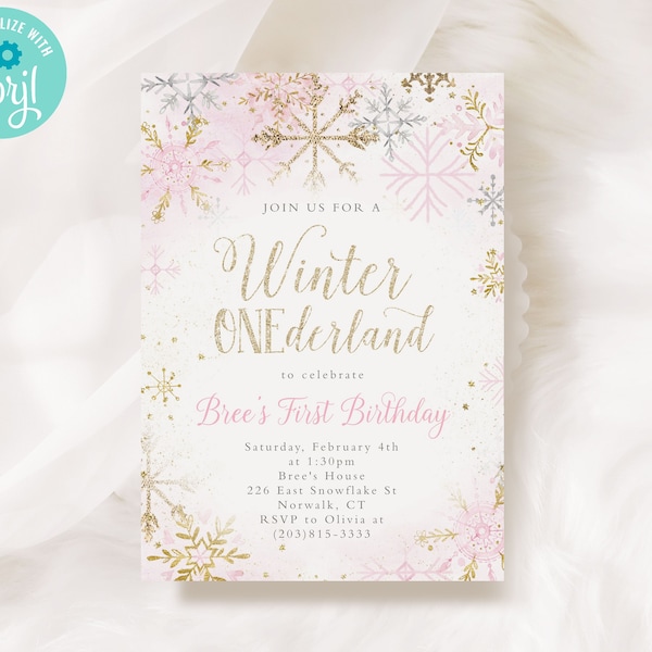 Pink Snowflake Winter ONEderland First Birthday Invitation Template / Snowflake 1st Bday Invite / Winter First Birthday Invites / LR2099