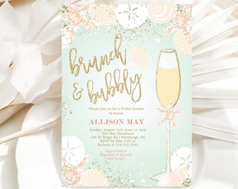 Beach Brunch and Bubbly Bridal Shower Invitation Template / Destination Wedding Bridal Shower Printable / Beachy Seashell Invites / LR1004