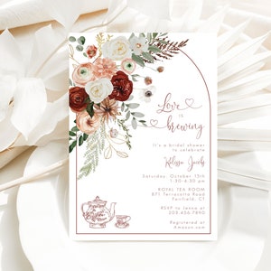 Love is Brewing Fall Terracotta Floral Bridal Tea Party Invitations Printed / Fall Terracotta Floral Bridal Shower Tea Party Invite / LR2086