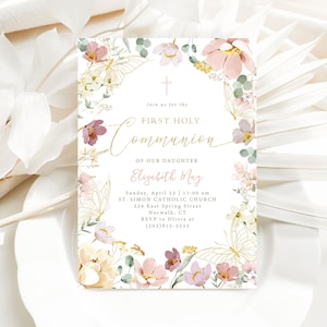 Floral Butterfly First Holy Communion Invitation Template / Spring Christening Invitation / Girl Communion / Digital Invite / LR2104