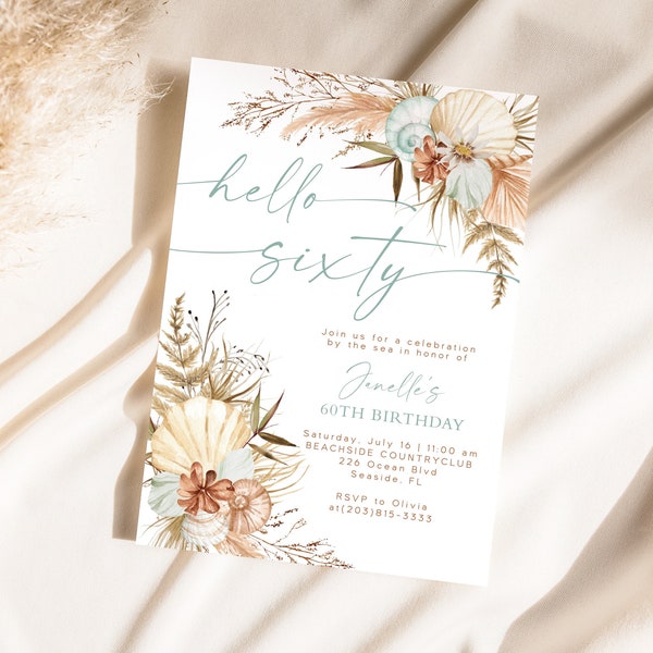 Boho Beach 60th Birthday Invitations Printed / Boho Seashells Hello Sixty Invite / Pampas Grass Invitations / Beach Birthday / LR2080