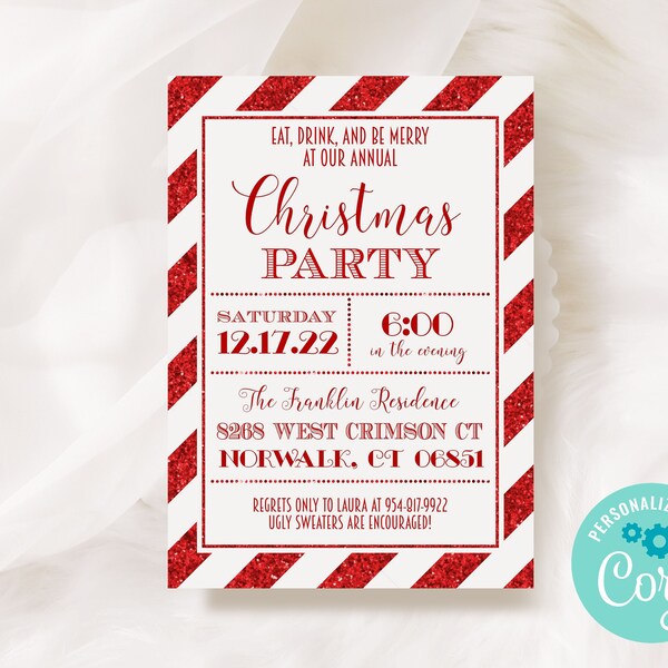 Christmas Party Invitation Template / Candy Cane Stripe Holiday Party Invitations / Company Party Invite / Holiday Event Flyer / LR1094