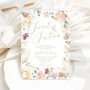 Schmetterling Blumen Bonbon-Sechzehn Geburtstagsparty Einladung Vorlage / Floral und Schmetterling Bonbon 16 Bday / Rosa Bday / Digital Invite / LR2104