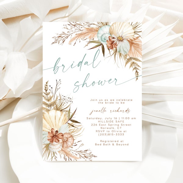 Boho Beach Bridal Shower Invitation Template / Boho Wedding Shower Invitation / Boho Seashells Bridal Shower Invites / LR2080