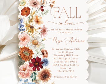 Fall Wildflowers Bridal Shower Invitation with Scalloped Edge, Printed with Envelopes, Autumn Wedding Shower