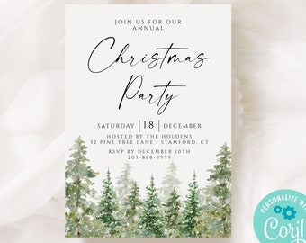 May include: A Christmas party invitation featuring the words "Christmas Party" in a stylish script. The invitation includes event details, such as the date, time, and location, with a watercolour forest scene at the bottom. The invitation is personalized with Corjl.