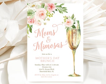 Moms and Mimosas Brunch Invitation: Blush Pink Floral (Editable Template)
