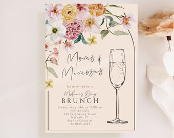 Floral Mother's Day Brunch Invitation, Moms and Mimosas (Printable)