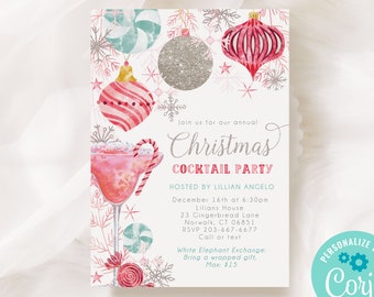 Op de afbeelding: Een feestelijke kerstcocktailparty-uitnodiging met aquarel illustraties. Het ontwerp bevat ornamenten, sneeuwvlokken en een cocktailglas. De tekst luidt "Christmas Cocktail Party" en bevat evenementdetails.