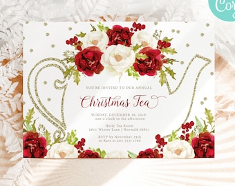 May include: A white invitation card with a gold glitter teapot design and floral accents. The card reads "Christmas Tea" with event details, including the date, time, and location. The design includes red and white flowers.