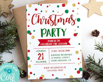 May include: A festive Christmas party invitation with red and green text and polka dots on a white background. The invitation includes the text "Christmas Party" and event details. The invitation is surrounded by pine branches and gold stars.
