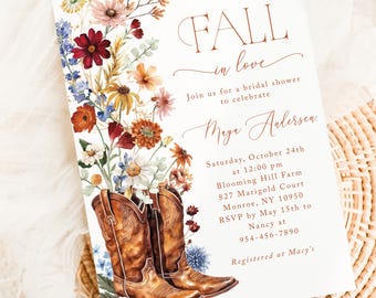 Fall Floral Cowboy Boot Country Bridal Shower Invitation, Printed with Envelopes, Autumn Country Wedding Shower Invites