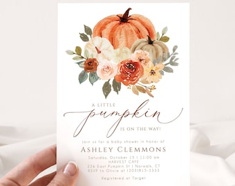 May include: A baby shower invitation with a watercolor illustration of pumpkins and flowers. The text reads "A Little Pumpkin is on the Way!" and includes the name Ashley Clemmons, the date and time of the shower, the location, and RSVP information.