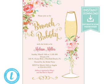 Champagne Mimosa Brunch Party Invite Ava Gold Glitter Brunch /& Bubbly Bridal Shower Invitation: Blush Pink Digital Or Printed