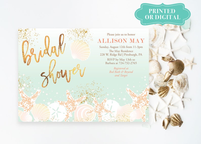 Beach Bridal Shower Invitation / Destination Wedding Bridal Shower Invitation / Seashell Bridal Shower Invitation / Beachy Invites / LR1004 