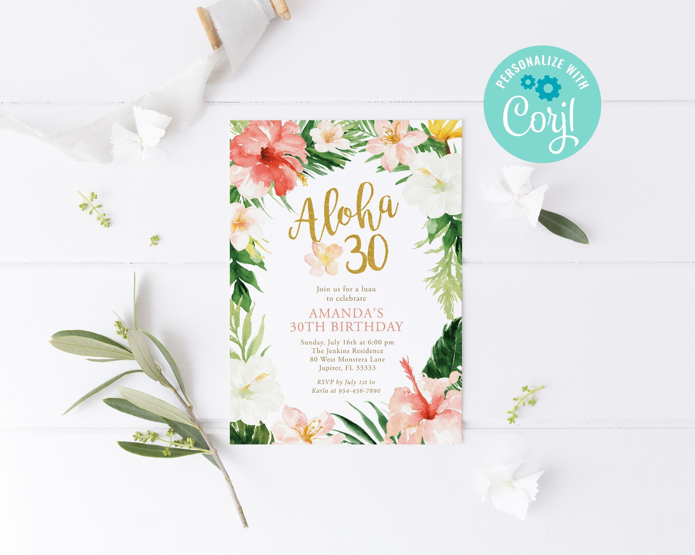 Aloha 30 Birthday Invitation Template Tropical Luau Theme 30th Birthday Invitation Hawaiian Birthday Party Digital