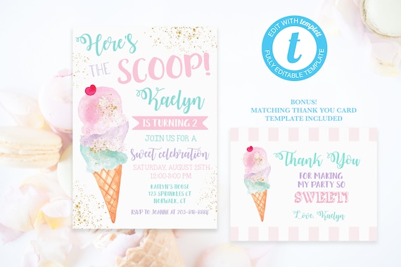 Editable Invitation Template Birthday Invitation Pop on Over Ice Cream Watercolor Popsicle