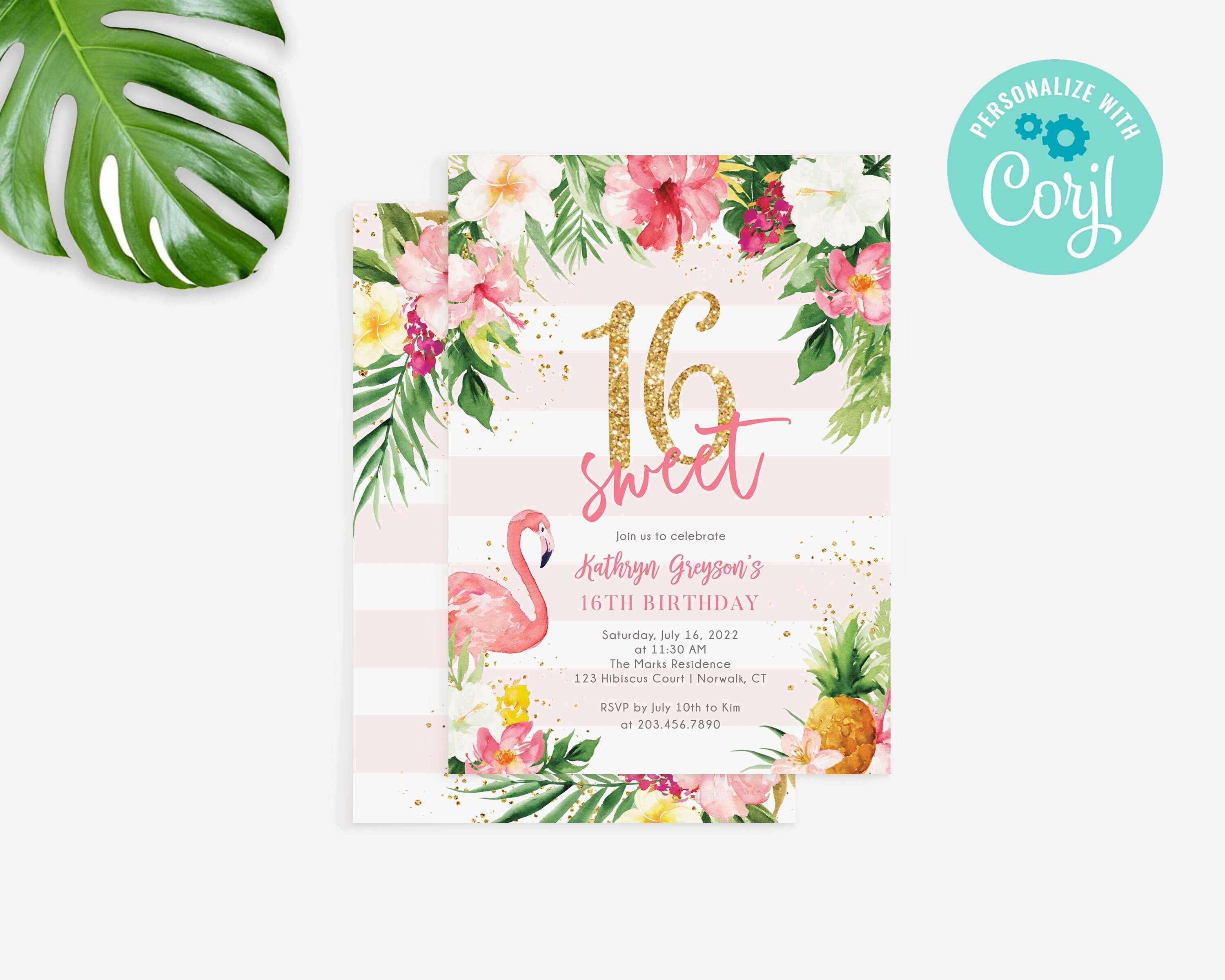 Flamingo Sweet 16 Birthday Party Invitation Template / Pink Flamingo Sweet Sixteen Bday Invitation / Flamingo 16th Birthday Invites / LR2039